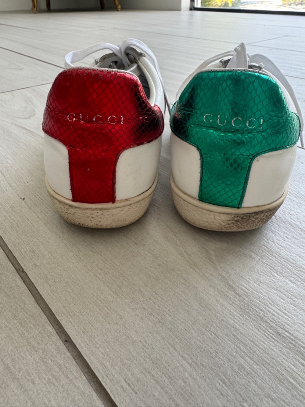 Gucci White Sneakers with Red and Green Metallic Heel Tabs